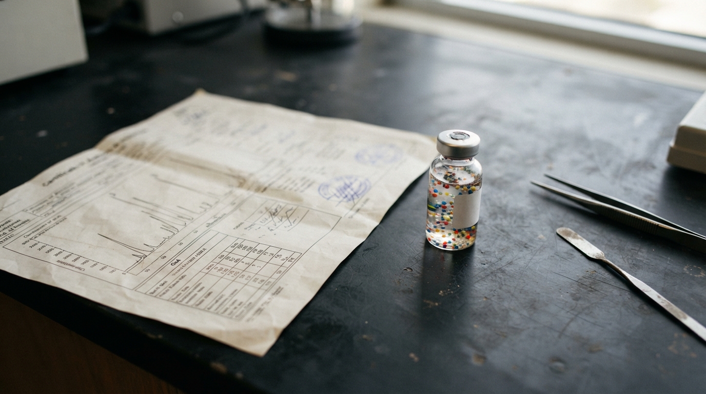 An overhead view shows a batch analysis certificate with a chromatogram beside a sealed sample vial on a dark inspection