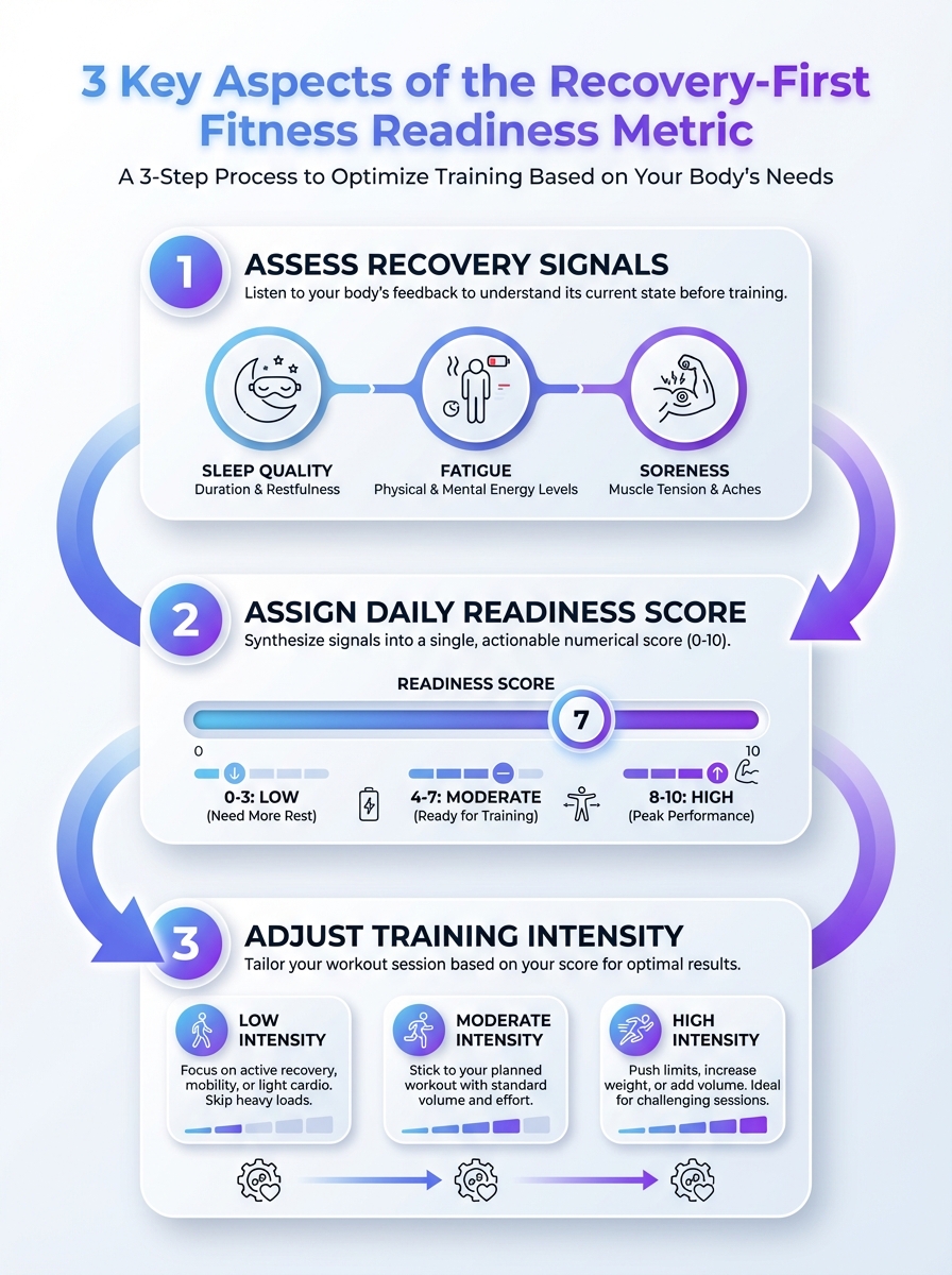 Infographic visualizes 3 key aspects of the Recovery-First Fitness Readiness Metric.
