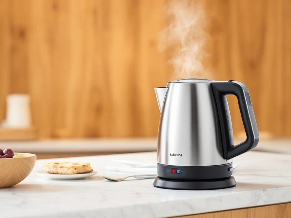 Stainless steel electric kettle on a white counter in a wood paneled kitchen