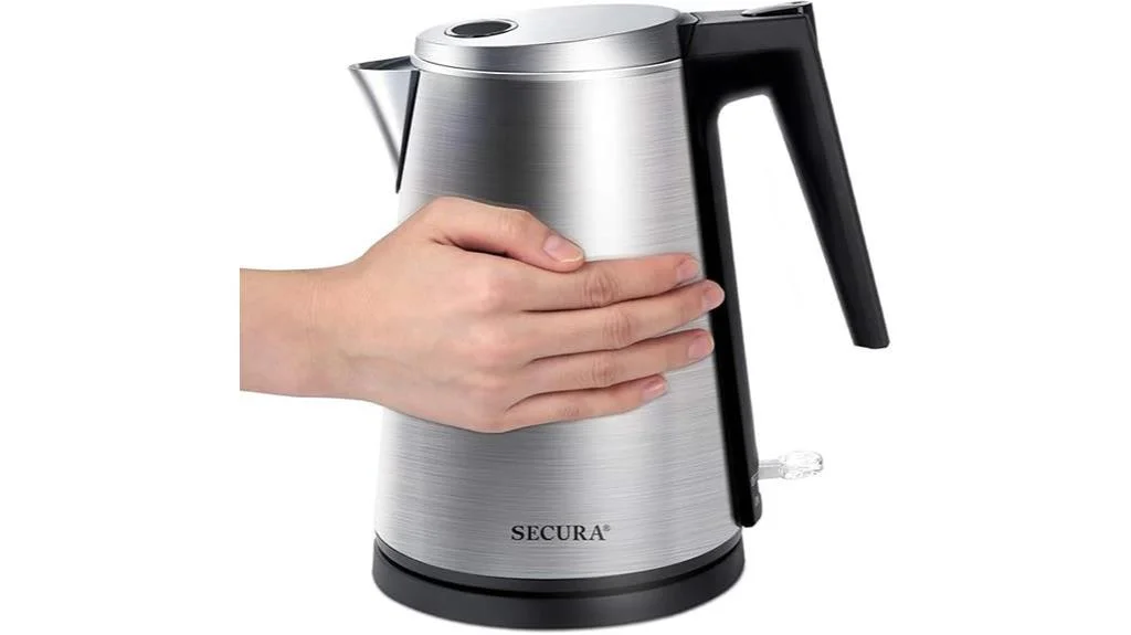 Brushed silver electric kettle with a black handle and base