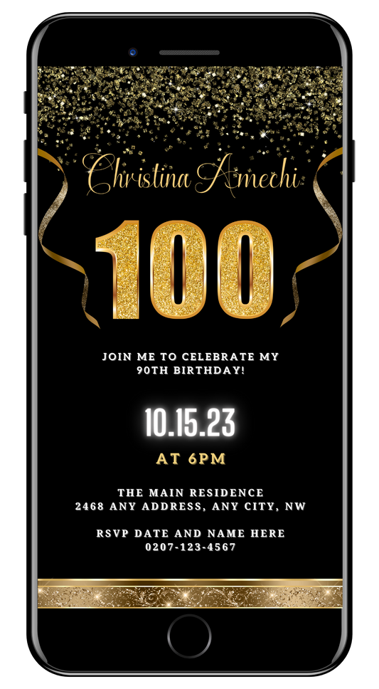 Black Gold Confetti 100th Birthday Evite customizable digital invitation editable via Canva