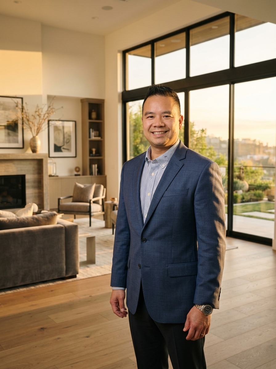 A smiling man in a navy suit stands in a modern living room with large windows.