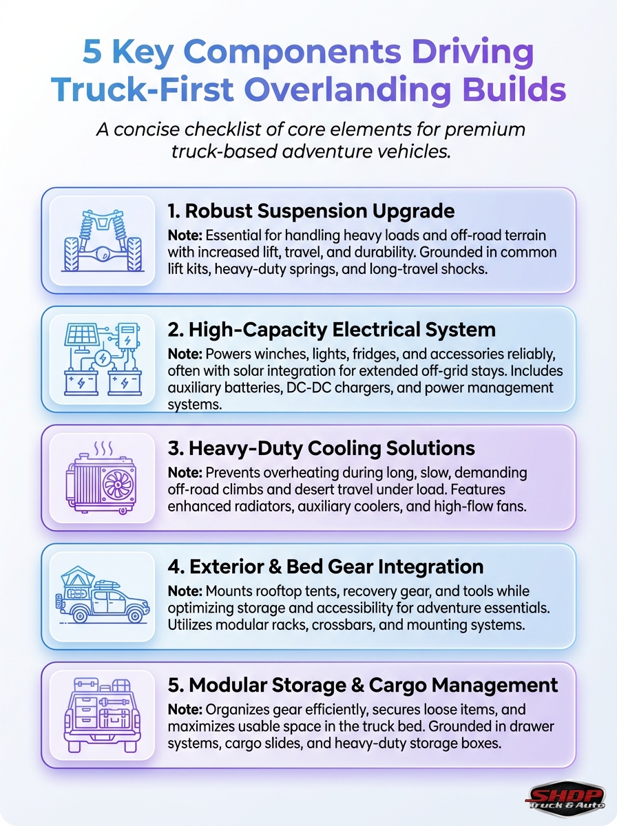 Infographic: 5 key components driving truck-first overlanding builds dominating the market.