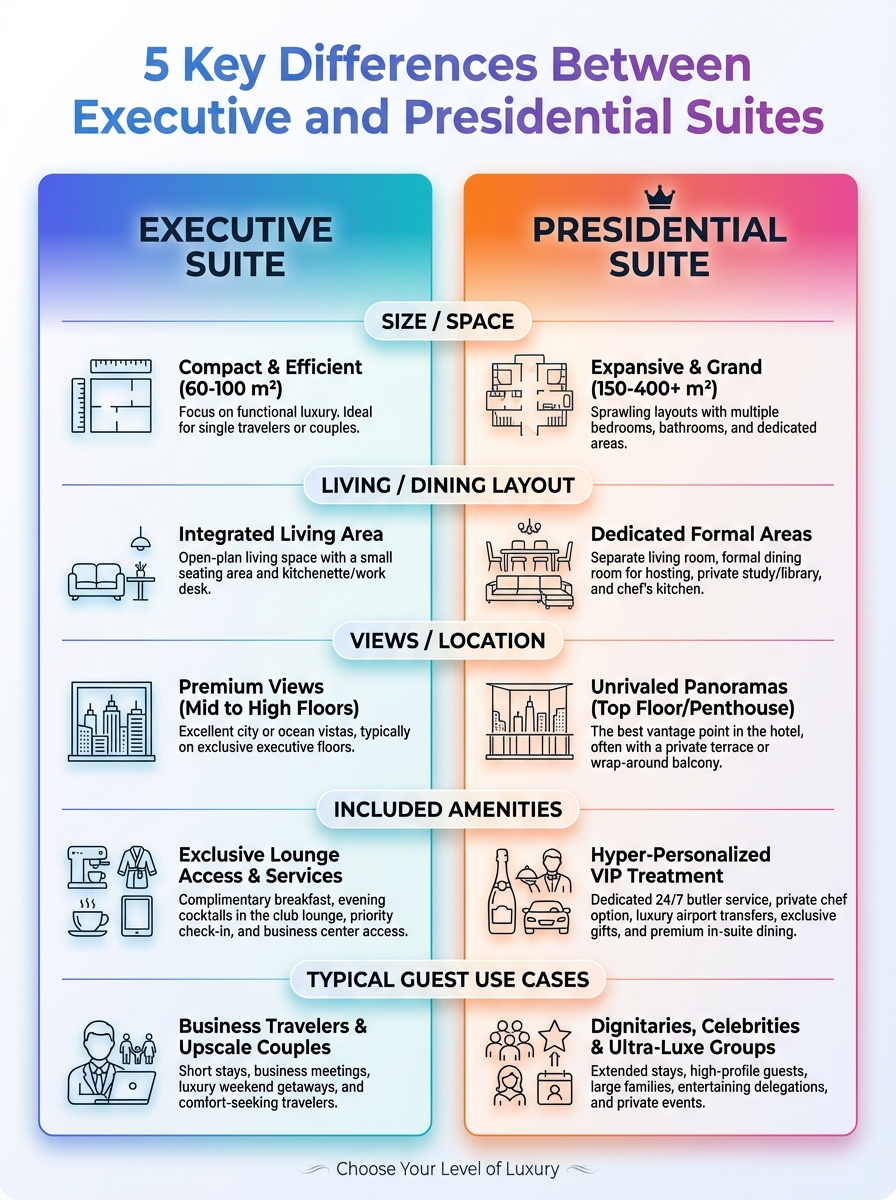 Infographic illustrating five key differences between Executive vs Presidential Suites: Which to Book.