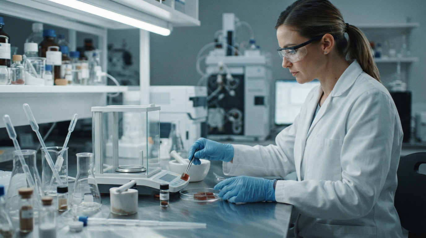 A laboratory technician in gloves prepares a gummy sample beside glass vials and analytical testing equipment under cool