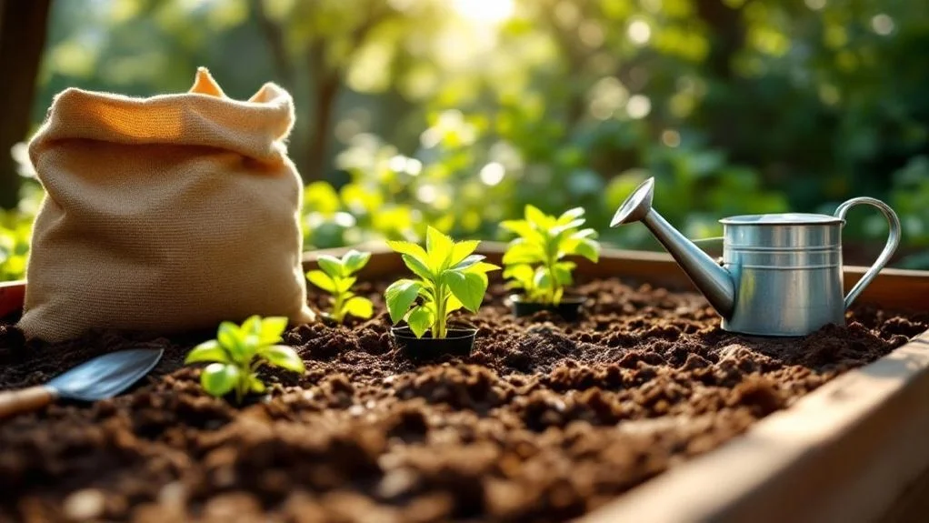 Seedlings growing in dark soil in a raised garden bed