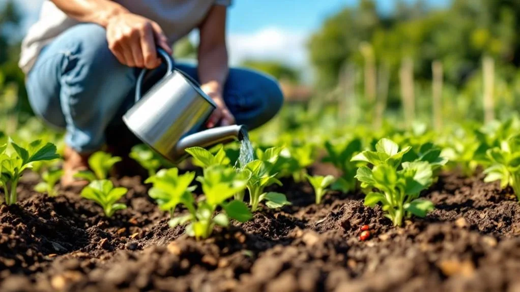 A gardener watering small seedlings in dark soil