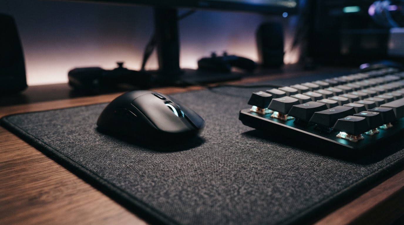 Macro view of a mouse gliding across a stitched fabric desk mat beside the textured keys of a mechanical keyboard in a dim