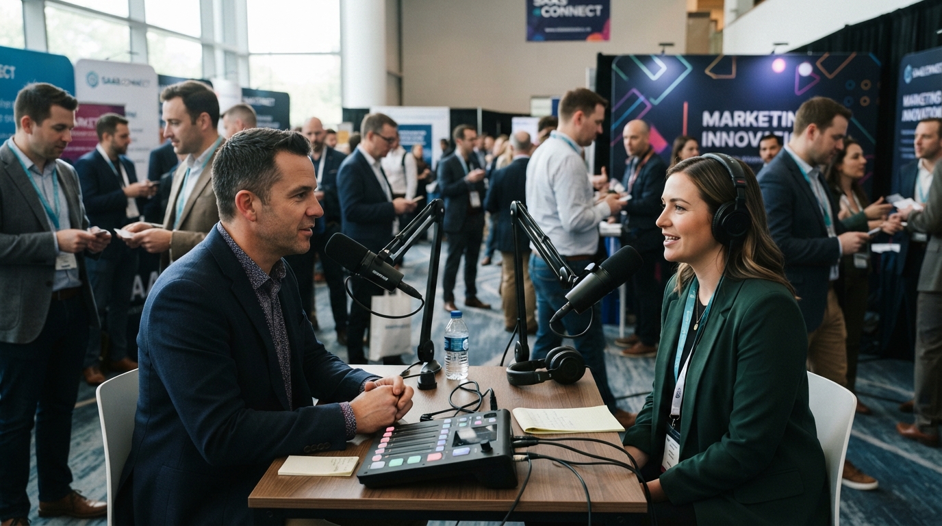 At a bright industry conference, a podcast host interviews a guest at a compact recording desk as attendees gather and