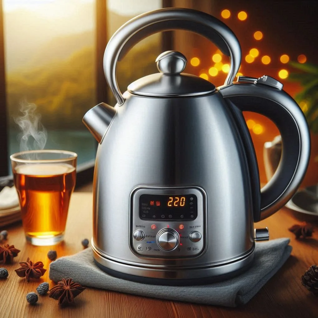 Brushed silver electric kettle beside tea and spices