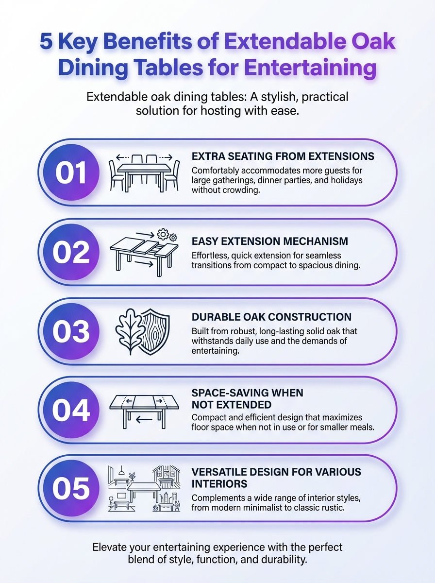 Infographic: 5 key benefits of extendable oak dining tables for entertaining.