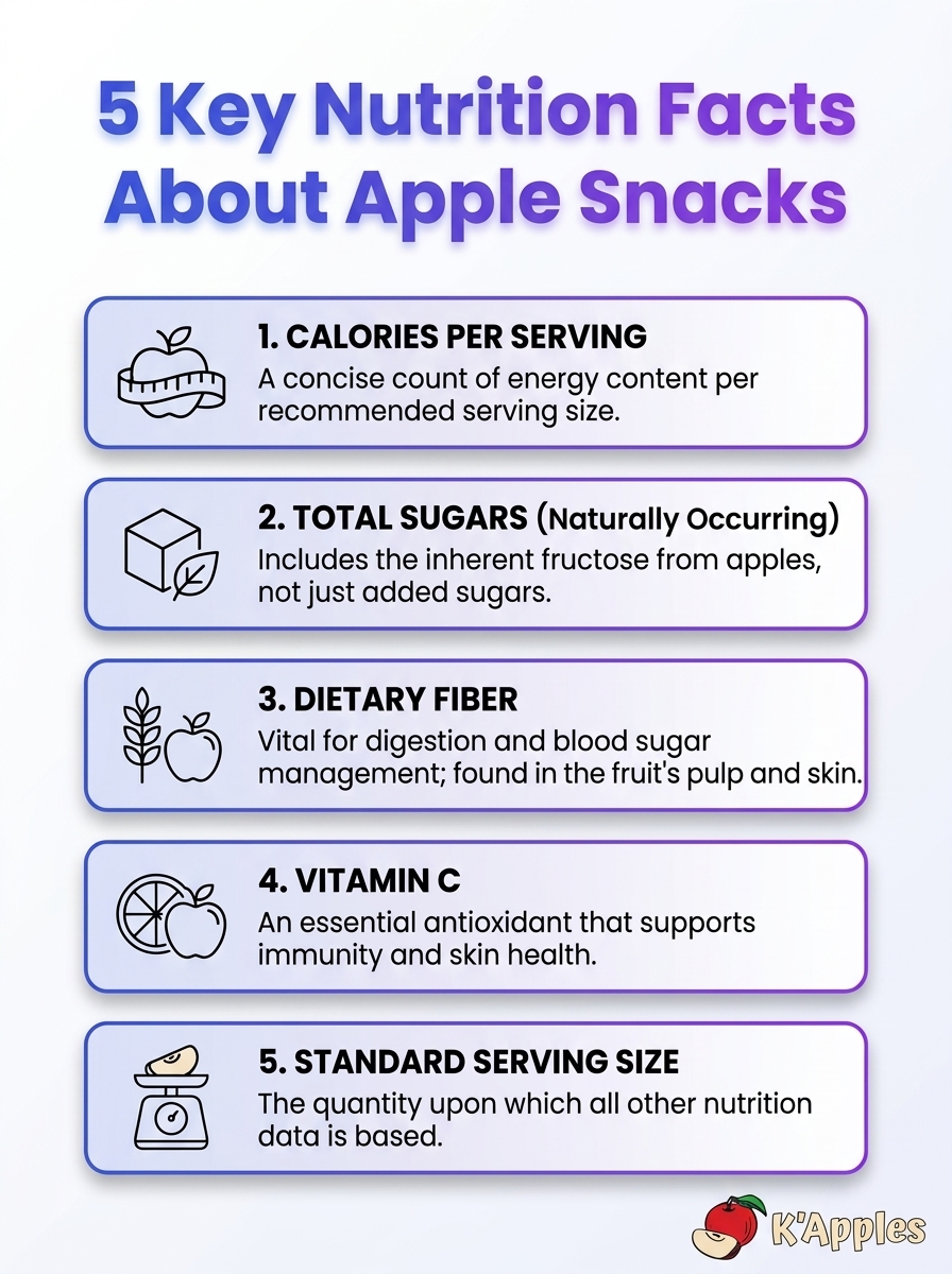 Infographie sur les faits nutritionnels des snacks à la pomme : 5 métriques clés comme les calories, les fibres, le sucre, les vitamines et la taille de la portion.
