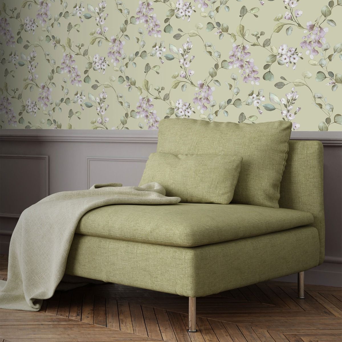Rosalie Floral Sage Lilac Wallpaper Bedroom