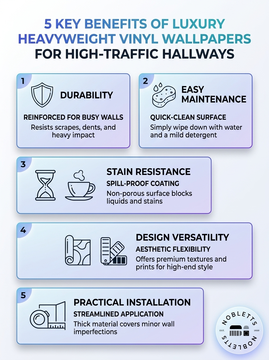 Infographic showing 5 key benefits of best luxury heavyweight vinyl wallpapers for high-traffic hallways.