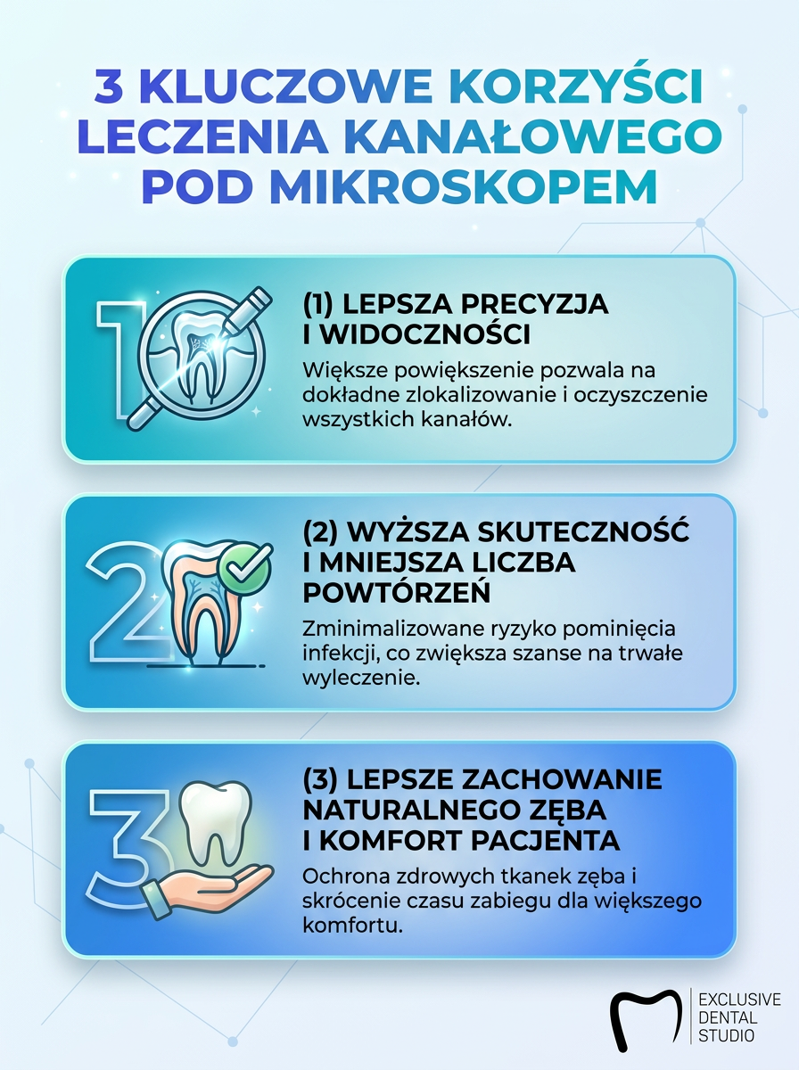 Infografika przedstawiająca etapy leczenia kanałowego pod mikroskopem — od diagnostyki po wypełnienie kanałów