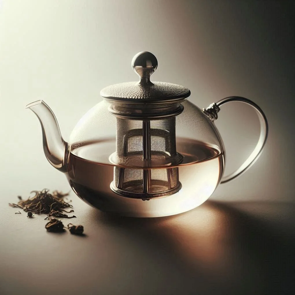 Clear glass teapot with metal infuser and loose tea