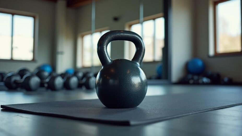 A kettlebell on a gym mat