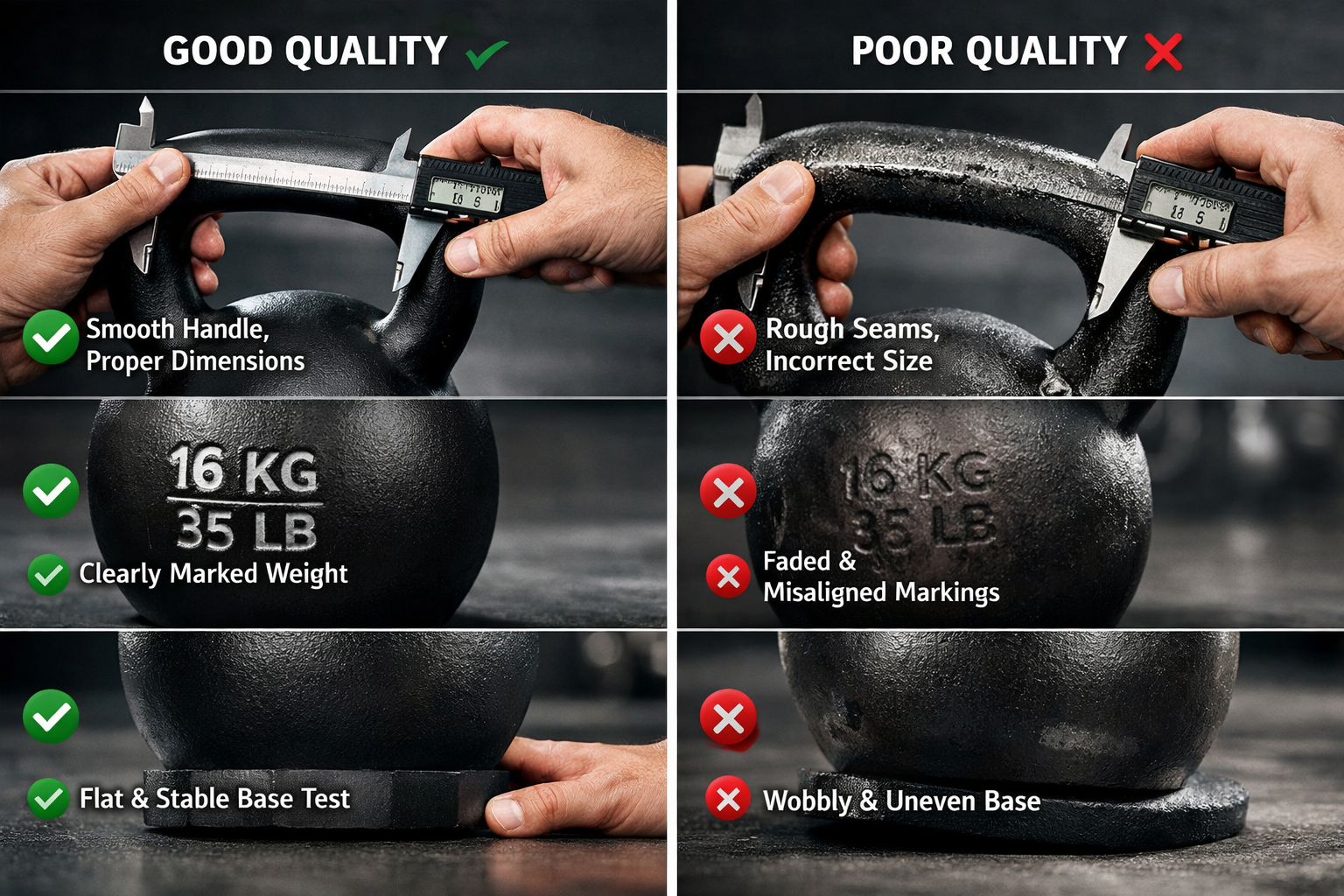 Hands inspecting kettlebell handles and bases