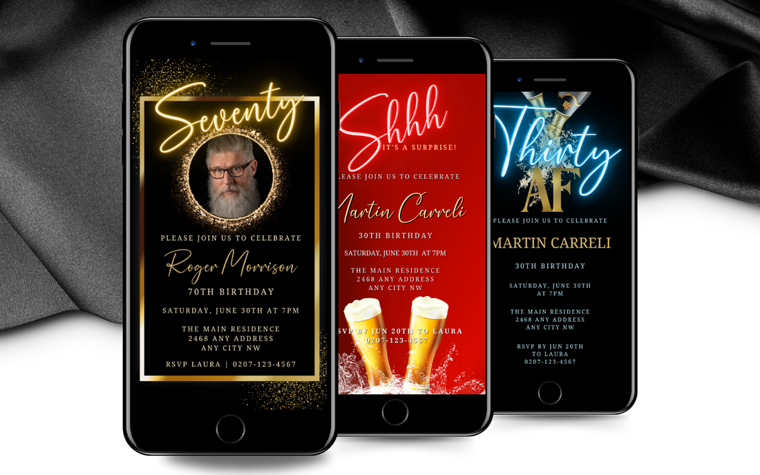 Row of mobile phones displaying animated birthday video invitations for men