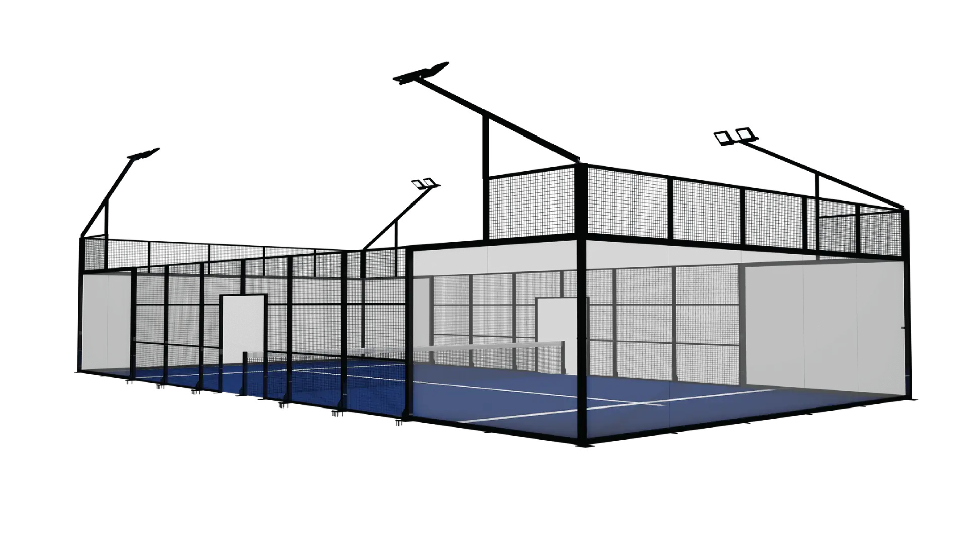 3D rendering of an indoor padel court with blue flooring
