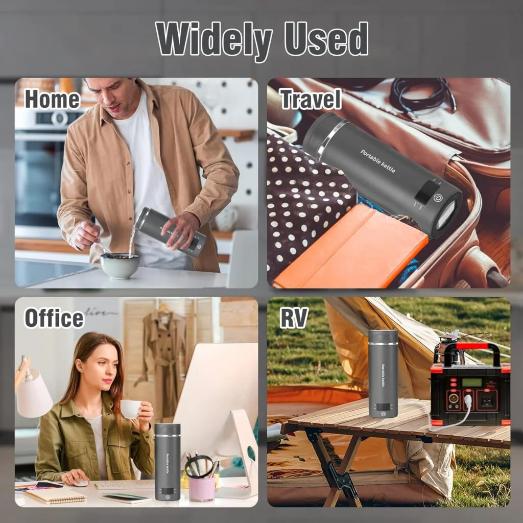 Portable kettle shown in travel and everyday settings