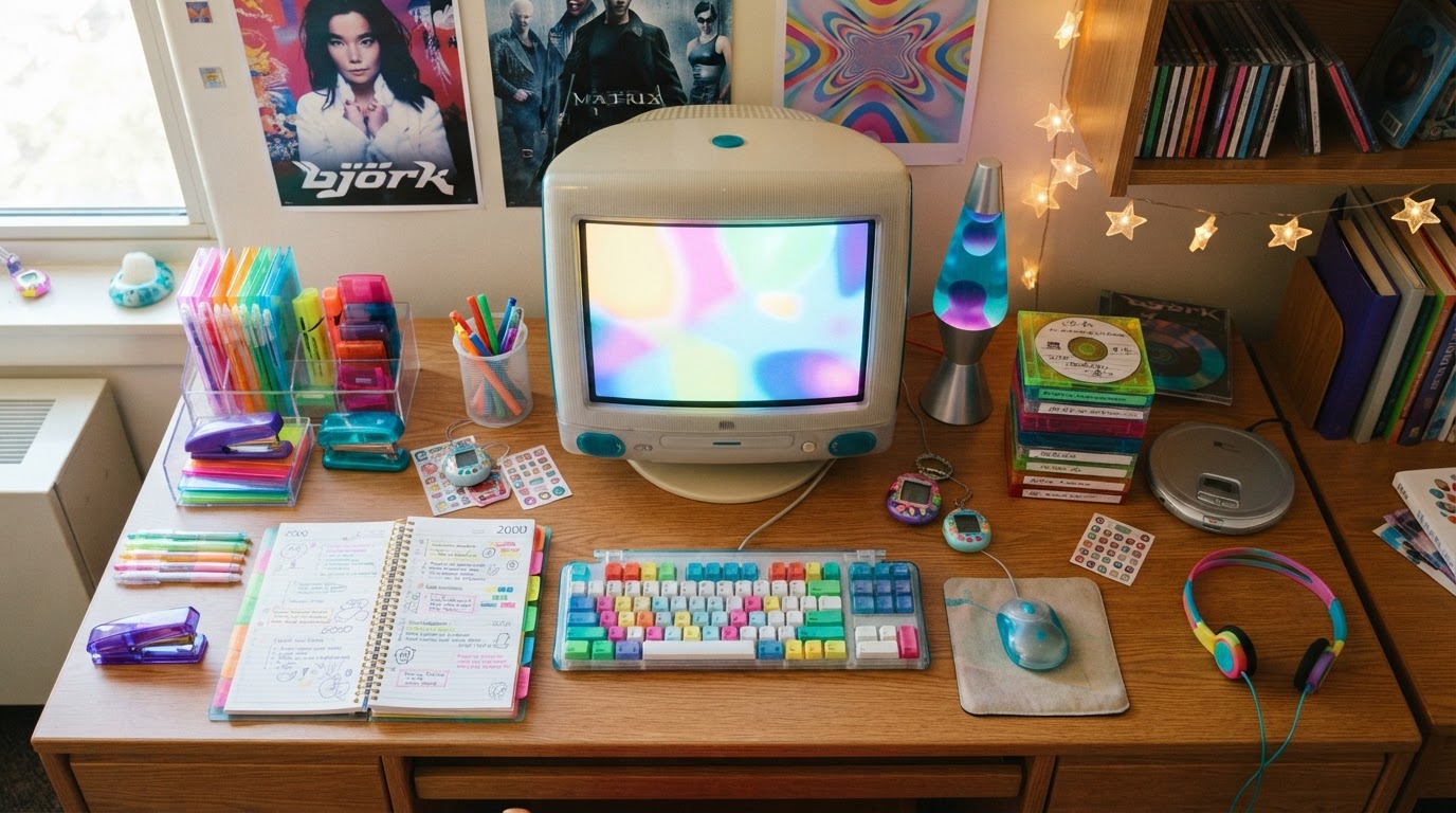 An overhead view of a tidy dorm desk shows a planner, CD-Rs, a chunky CRT monitor, and colorful translucent stationery