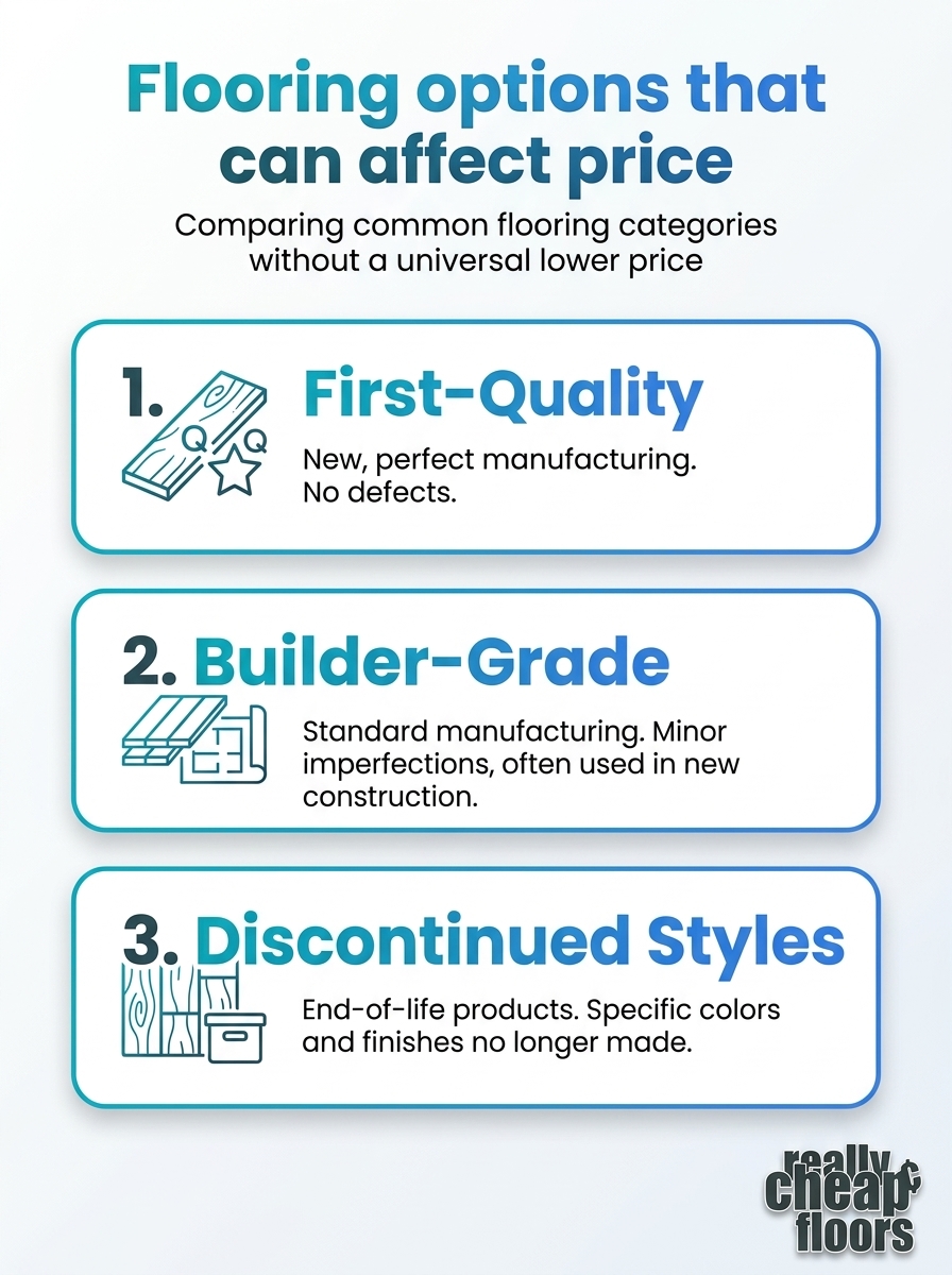Infographic comparing flooring options that can affect price, illustrating why liquidator flooring may cost less than retail.