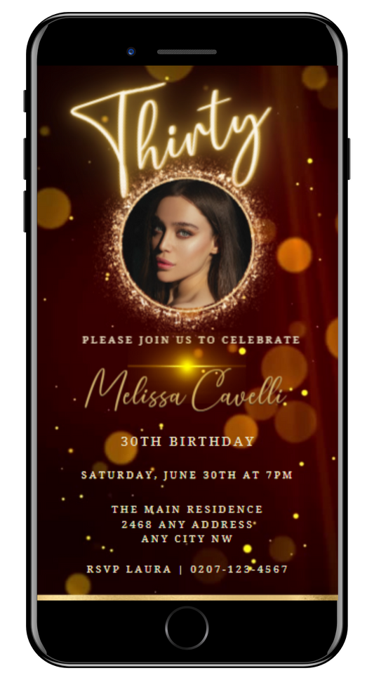 Gold Black Maroon Glitter 30th Birthday Video Invite