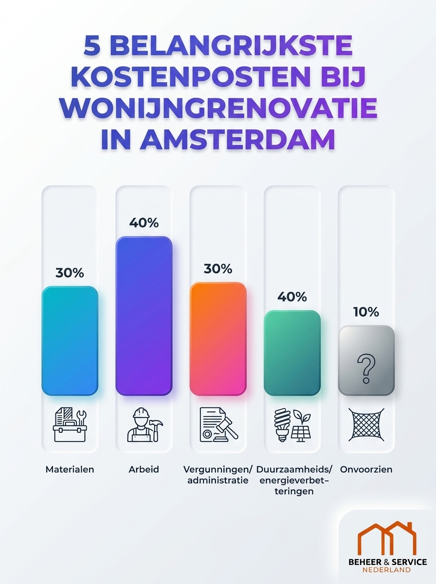 Infographic: 5 belangrijkste kosten woning renovatie Amsterdam — aannemers, materialen, vergunningen