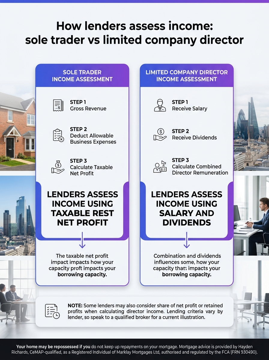 Infographic comparing how lenders assess income for sole traders and limited company directors when borrowing.