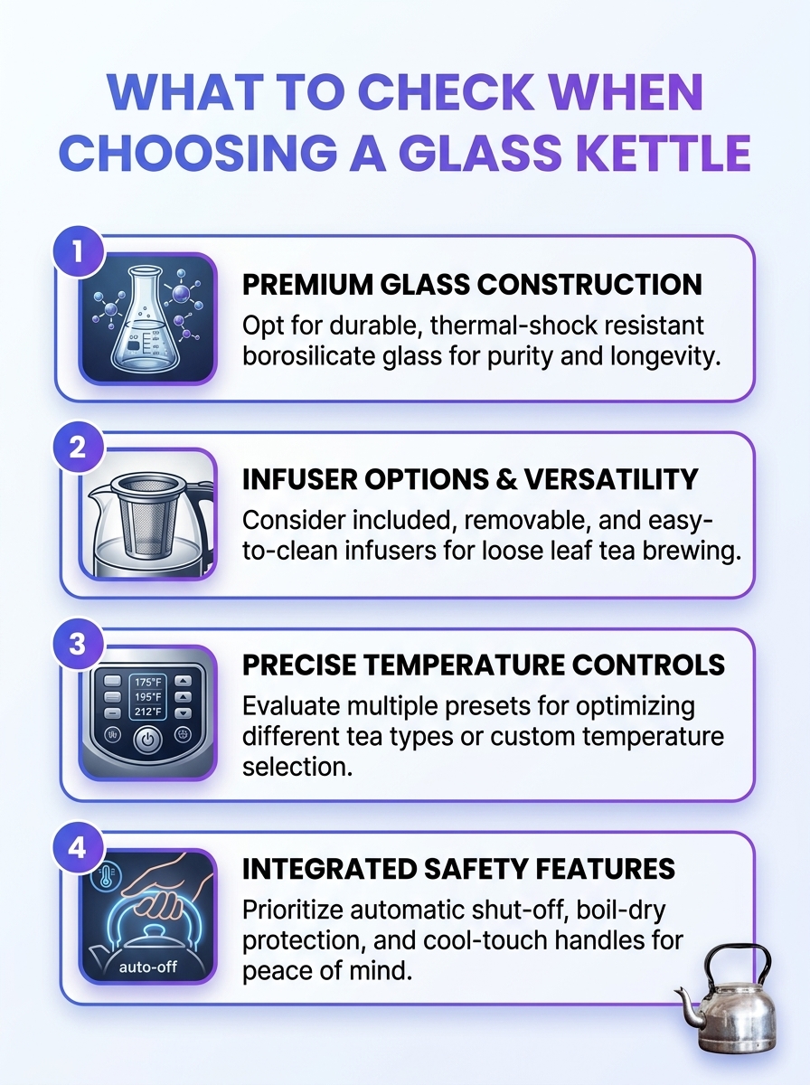 Infographic showing what to consider when choosing a glass kettle, including borosilicate glass, capacity, and safety features