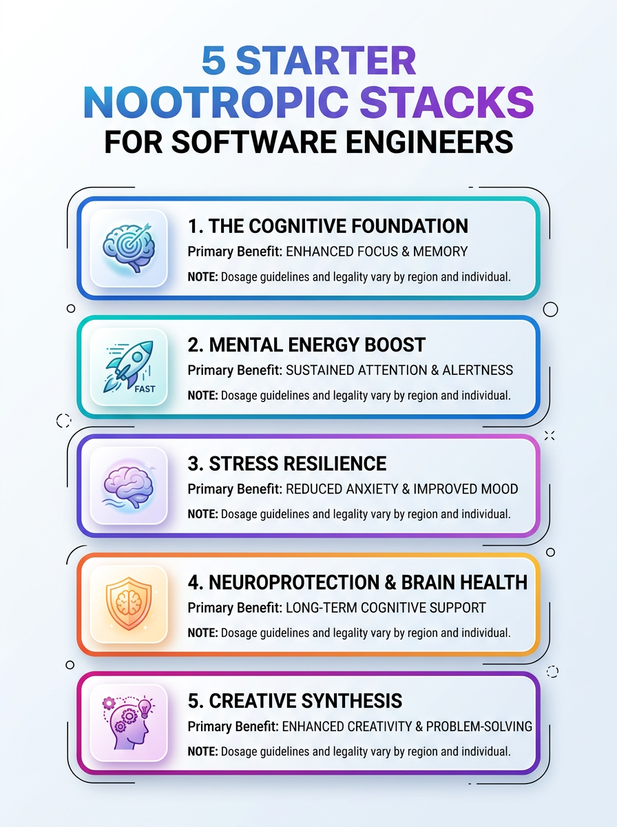 Infographic of 5 starter nootropic stacks for software engineers and coders, with ingredients and usage tips.