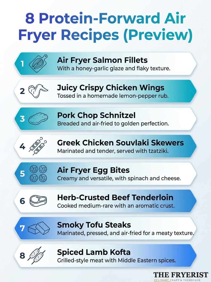 Infographic of 8 protein-forward air fryer recipes with quick cook times and nutrition tips.