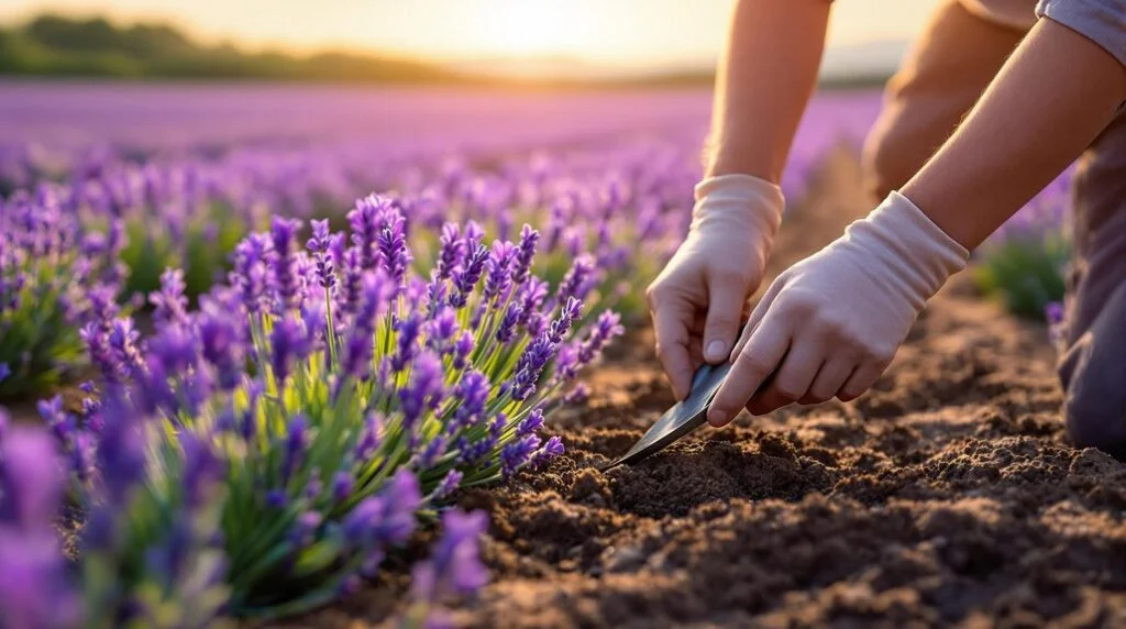 Gloved hands use a small tool to work soil beside purple lavender plants in a field.