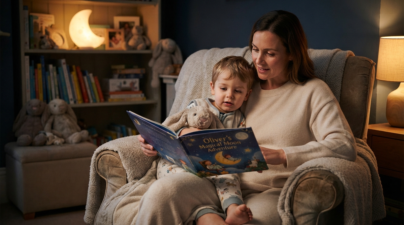 A parent and child sharing a personalised Sweetest Dreams bedtime story