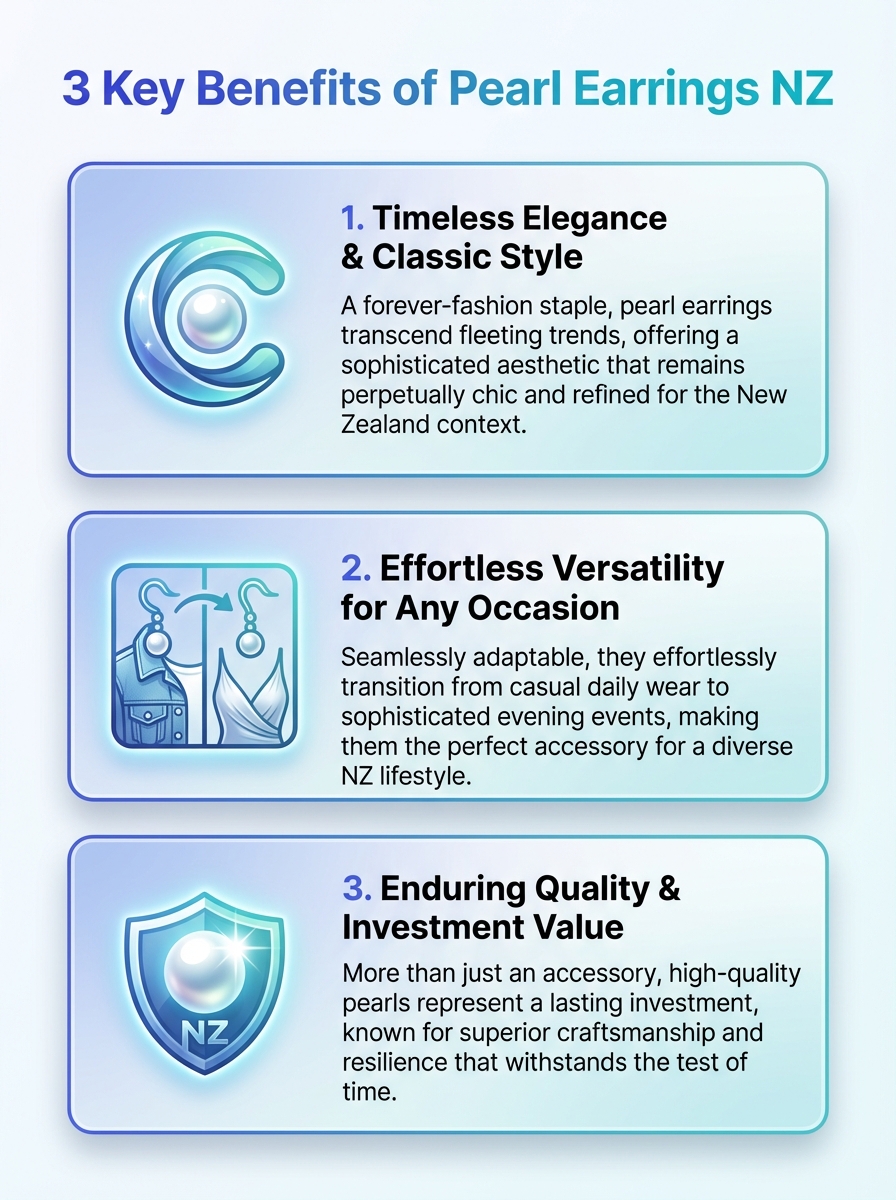 Infographic detailing 3 key benefits of Pearl Earrings NZ: timeless elegance, versatile styling, and durability.