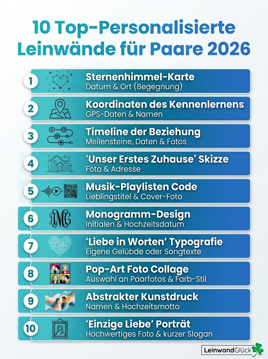 Infografik: Die 10 besten personalisierten Leinwände für Paare 2026 – Überblick, Tipps und Trends.